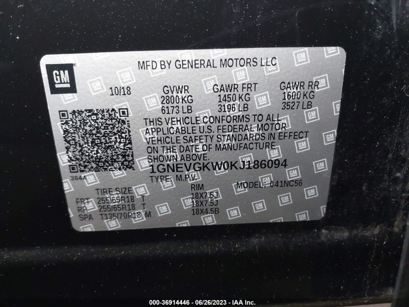 2019 CHEVROLET TRAVERSE LT CLOTH - 1GNEVGKW0KJ186094