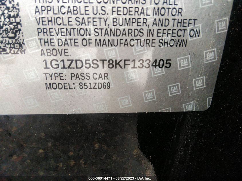 2019 CHEVROLET MALIBU LT - 1G1ZD5ST8KF133405