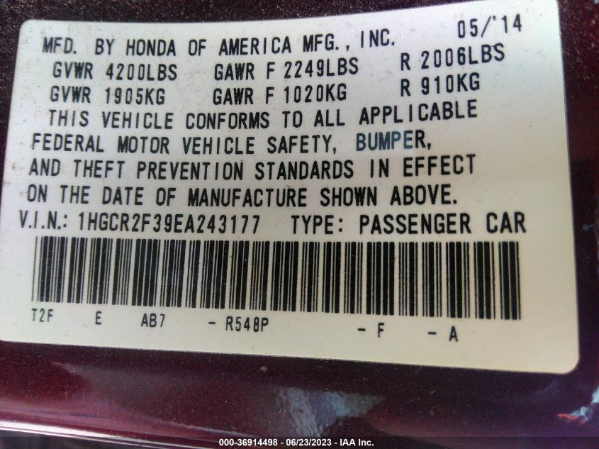 2014 HONDA ACCORD SEDAN LX - 1HGCR2F39EA243177