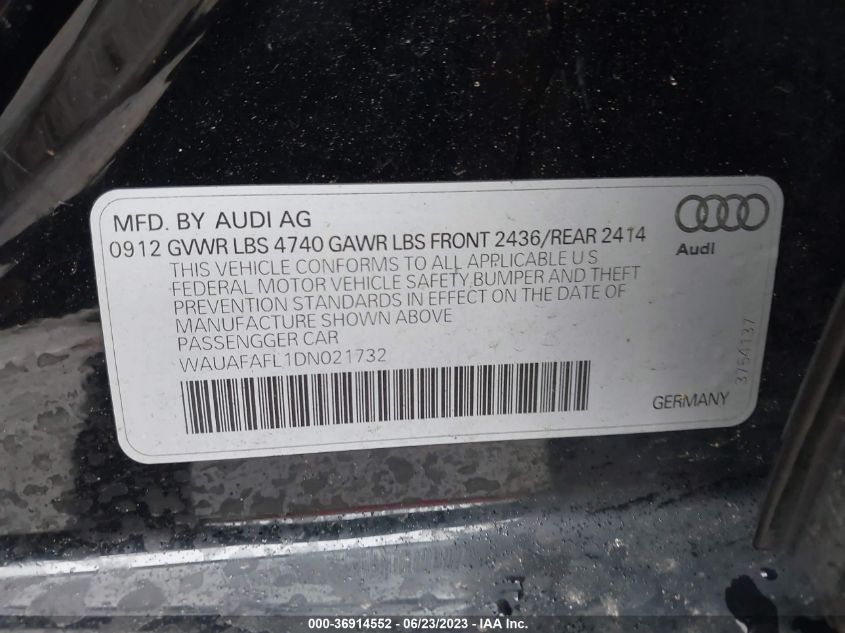 2013 AUDI A4 PREMIUM - WAUAFAFL1DN021732