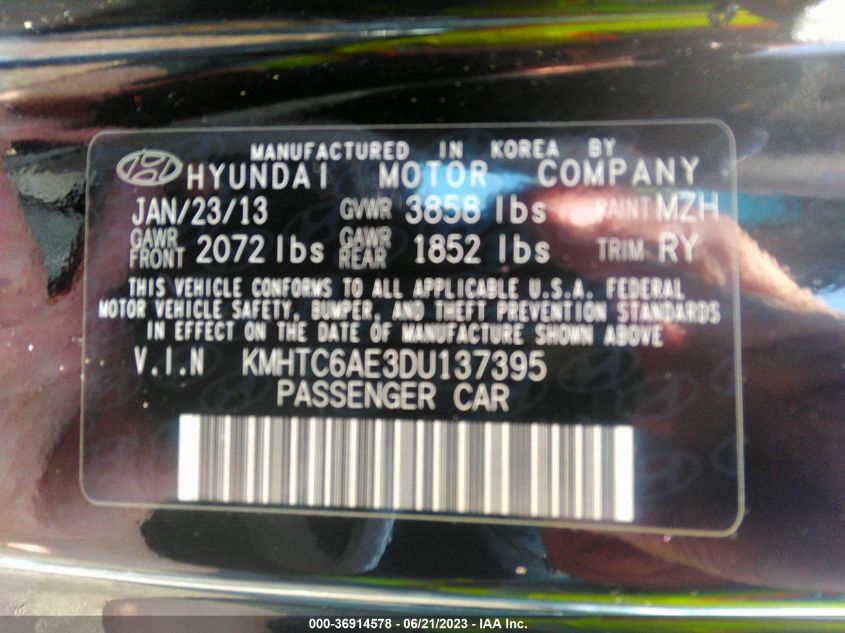 2013 HYUNDAI VELOSTER TURBO W/BLACK INT - KMHTC6AE3DU137395