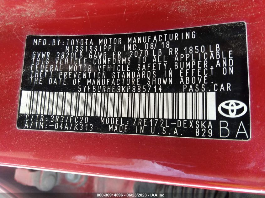 2019 TOYOTA COROLLA L/LE/SE/XLE/XSE - 5YFBURHE9KP885714