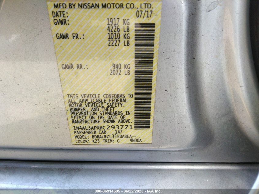 2017 NISSAN ALTIMA 2.5/S/SV/SL/SR - 1N4AL3APXHC293771
