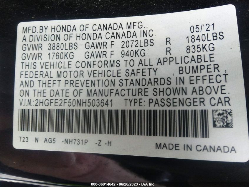 2022 HONDA CIVIC SEDAN SPORT - 2HGFE2F50NH503641