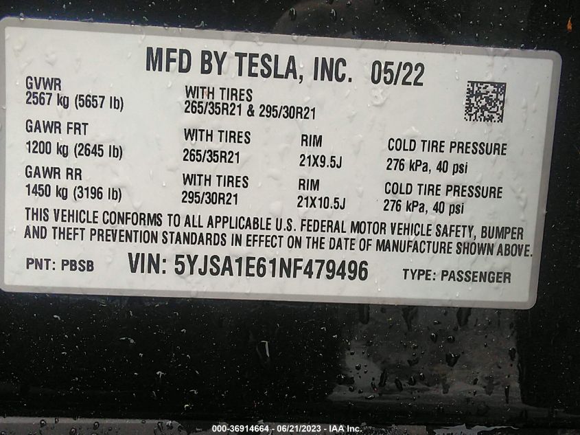2022 TESLA MODEL S PLAID - 5YJSA1E61NF479496