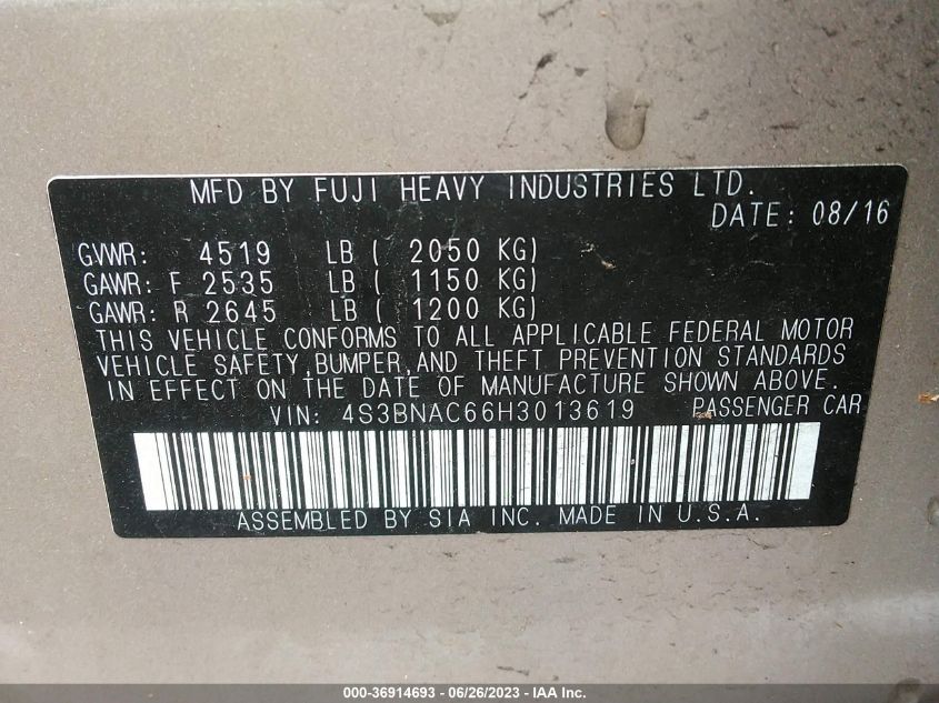 2017 SUBARU LEGACY PREMIUM - 4S3BNAC66H3013619