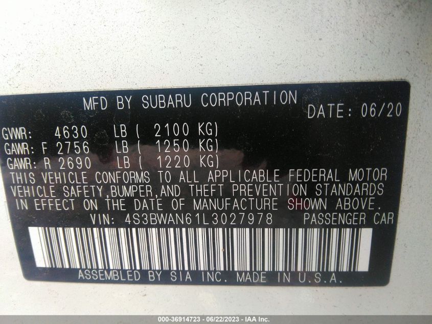 2020 SUBARU LEGACY LIMITED - 4S3BWAN61L3027978