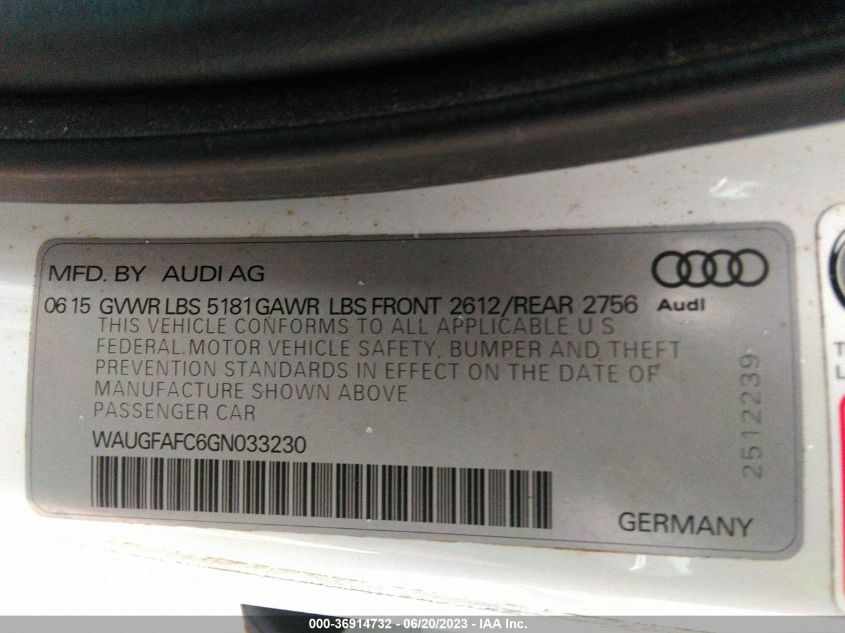 2016 AUDI A6 2.0T PREMIUM PLUS - WAUGFAFC6GN033230