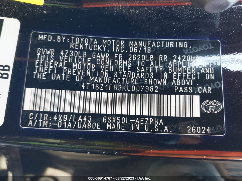 2019 TOYOTA AVALON XLE/TOURING/LIMITED/XSE - 4T1BZ1FB3KU007982