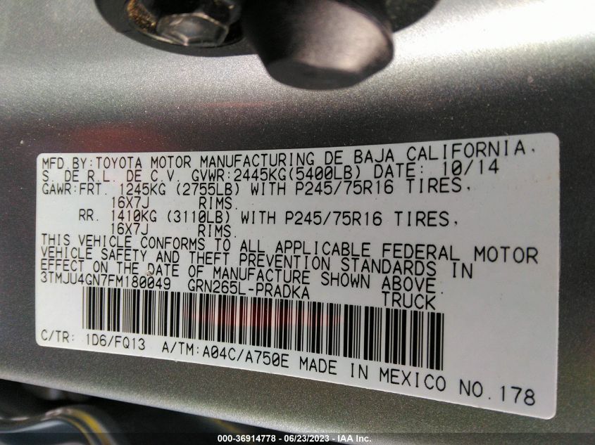 2015 TOYOTA TACOMA PRERUNNER - 3TMJU4GN7FM180049