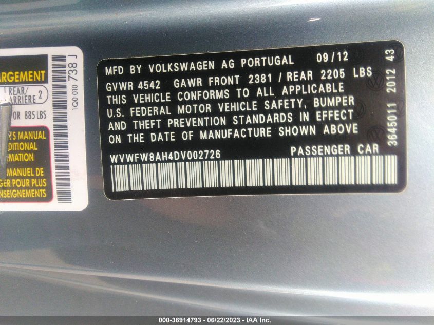 2013 VOLKSWAGEN EOS LUX - WVWFW8AH4DV002726