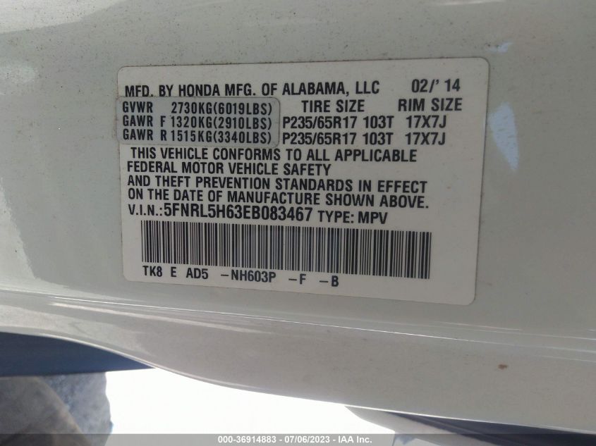 2014 HONDA ODYSSEY EXL - 5FNRL5H63EB083467