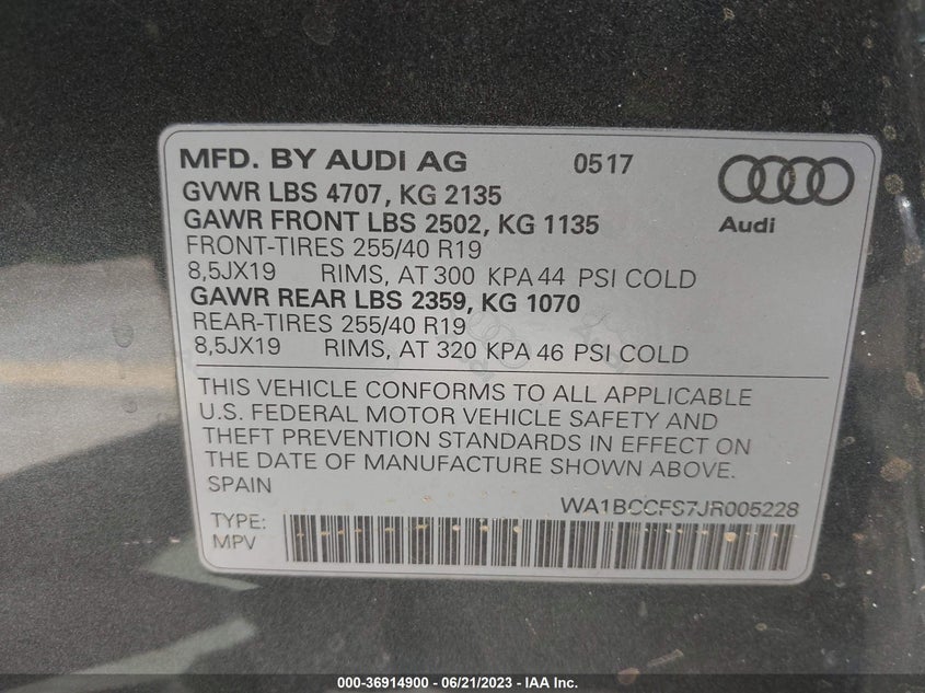 VIN WA1BCCFS7JR005228 2018 AUDI Q3 PREMIUM/SPORT PREMIUM