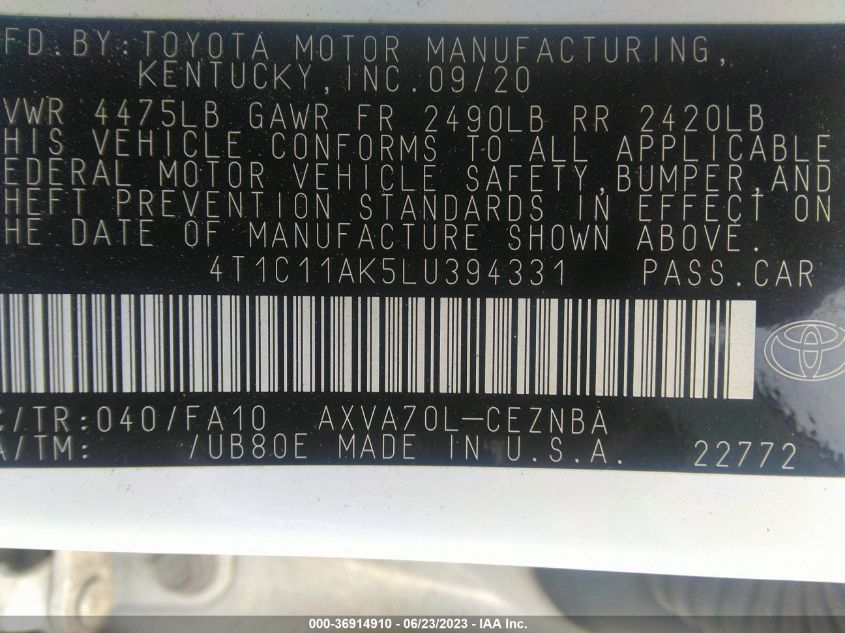 2020 TOYOTA CAMRY LE - 4T1C11AK5LU394331