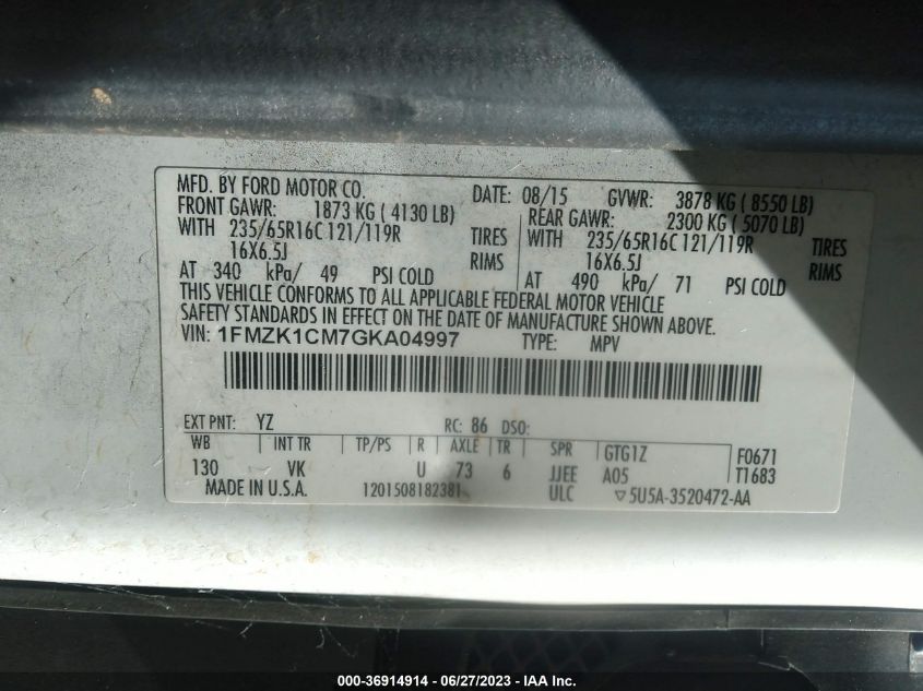 2016 FORD TRANSIT WAGON XL/XLT - 1FMZK1CM7GKA04997