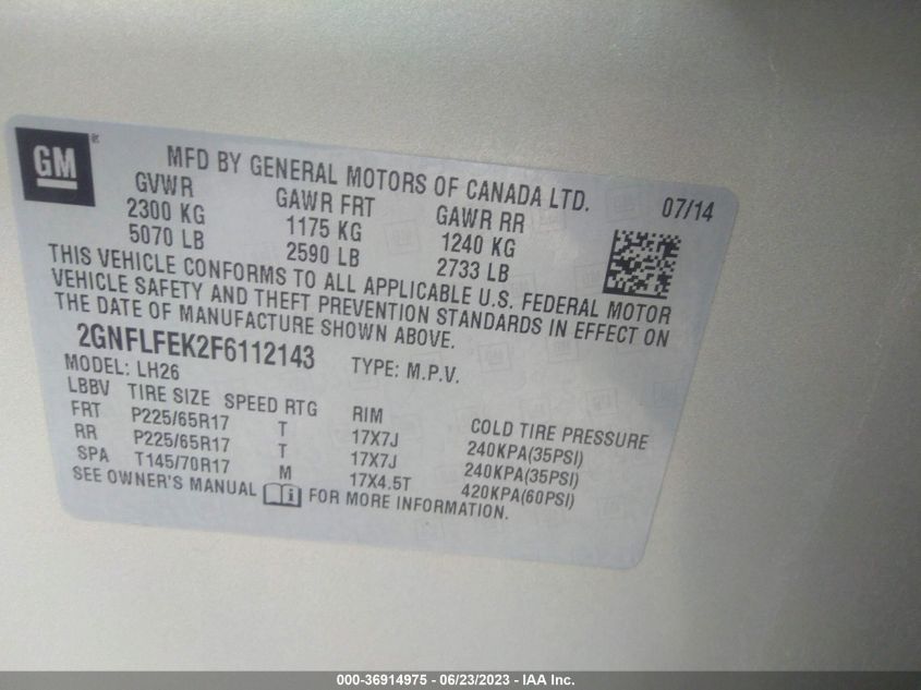 2015 CHEVROLET EQUINOX LT - 2GNFLFEK2F6112143