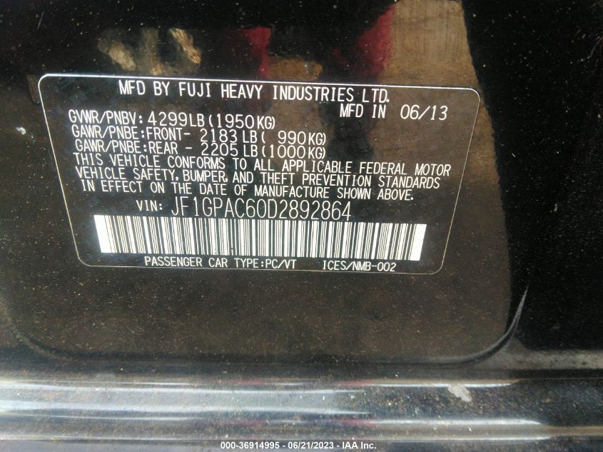 2013 SUBARU IMPREZA WAGON 2.0I PREMIUM JF1GPAC60D2892864