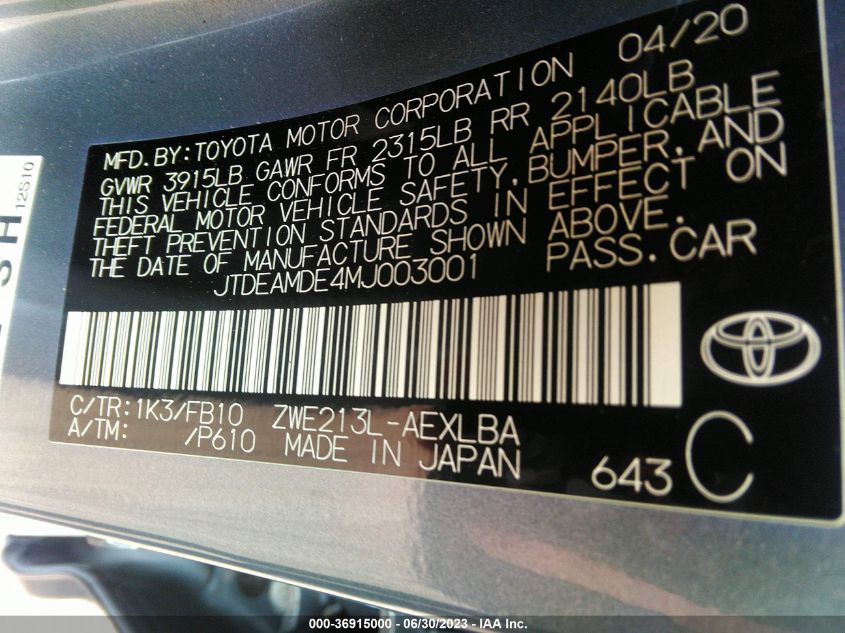 2021 TOYOTA COROLLA HYBRID LE - JTDEAMDE4MJ003001