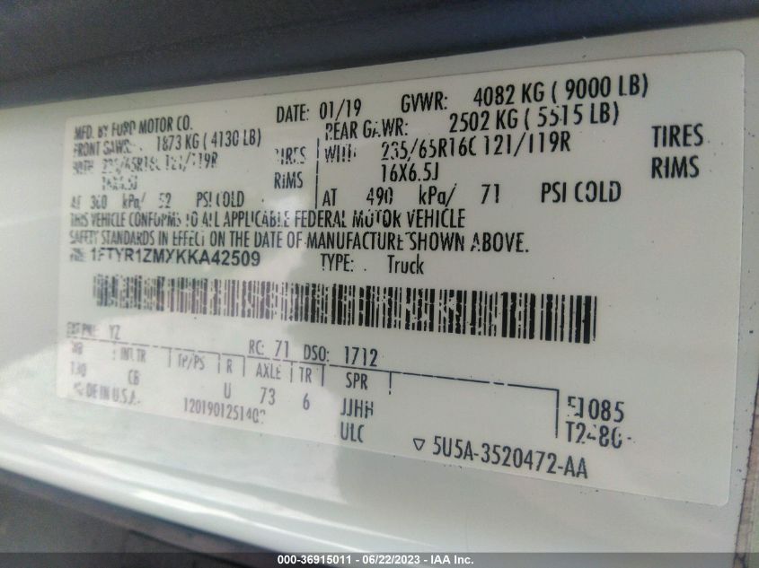 2019 FORD TRANSIT VAN - 1FTYR1ZMXKKA42509