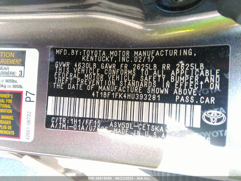 2017 TOYOTA CAMRY XLE/SE/LE/XSE - 4T1BF1FK4HU393281