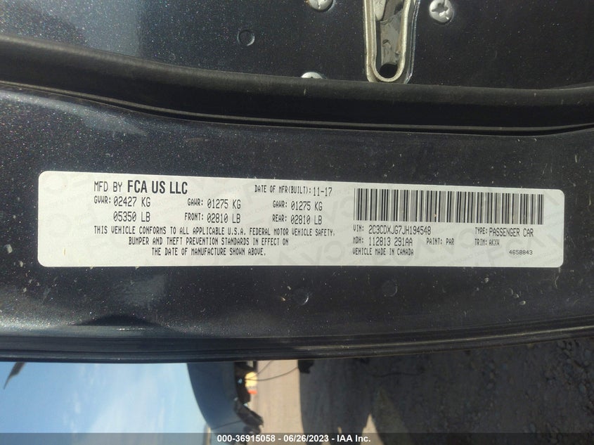 VIN 2C3CDXJG7JH194548 2018 DODGE CHARGER GT