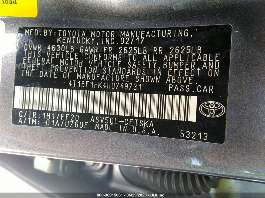 2017 TOYOTA CAMRY LE/XLE/SE/XSE - 4T1BF1FK4HU749731