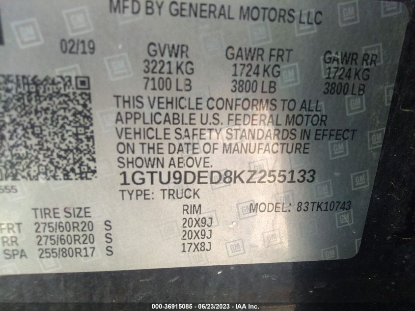 2019 GMC SIERRA 1500 SLT - 1GTU9DED8KZ255133