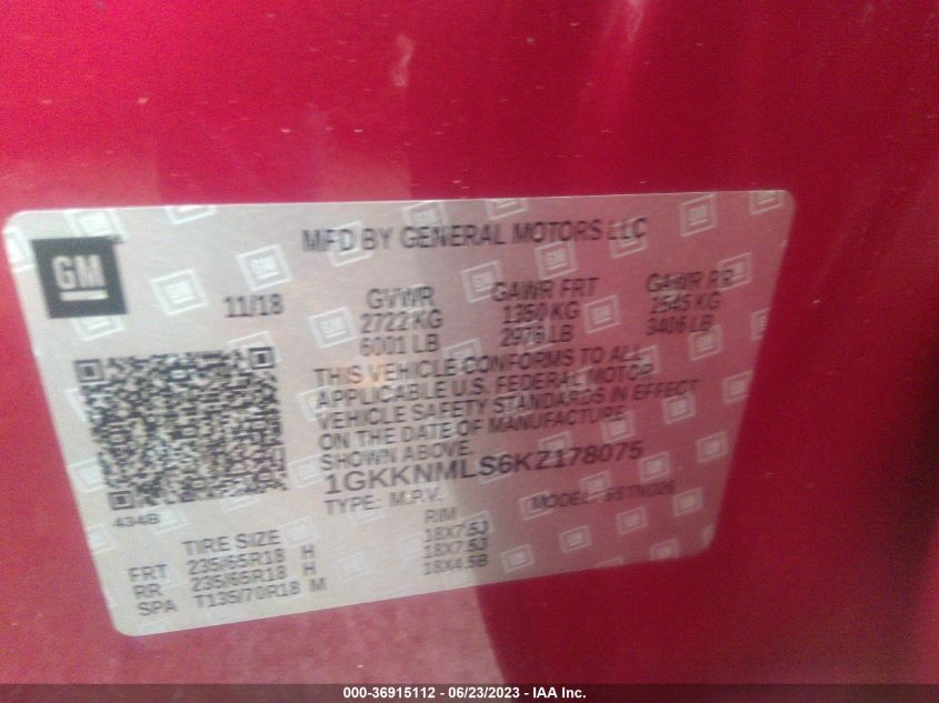 2019 GMC ACADIA SLT - 1GKKNMLS6KZ178075