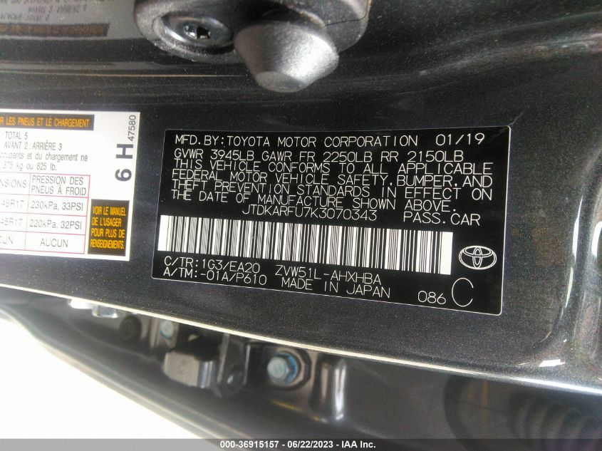 2019 TOYOTA PRIUS - JTDKARFU7K3070343