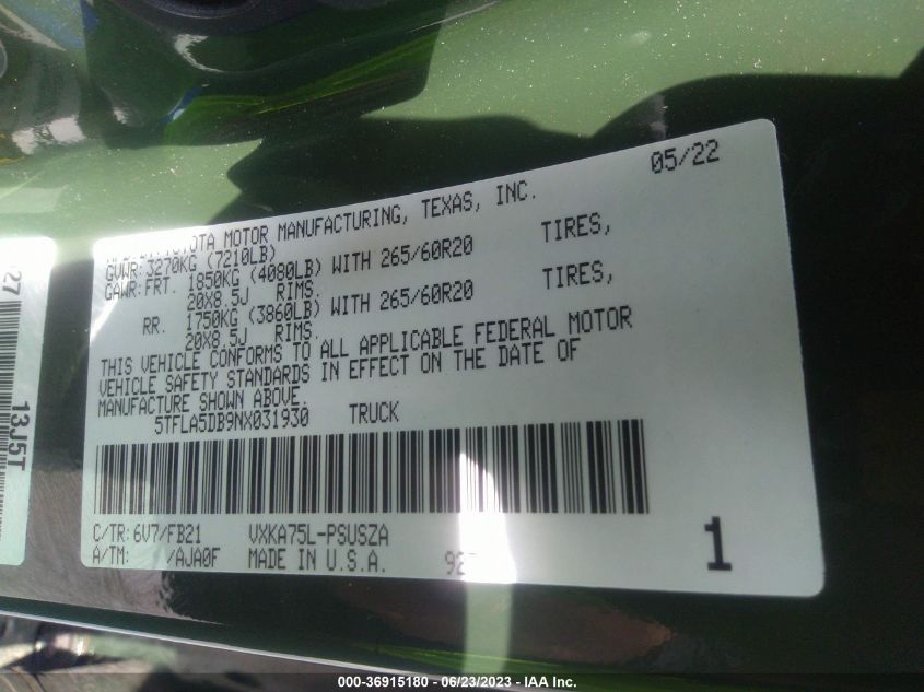 2022 TOYOTA TUNDRA 4WD SR5 - 5TFLA5DB9NX031930