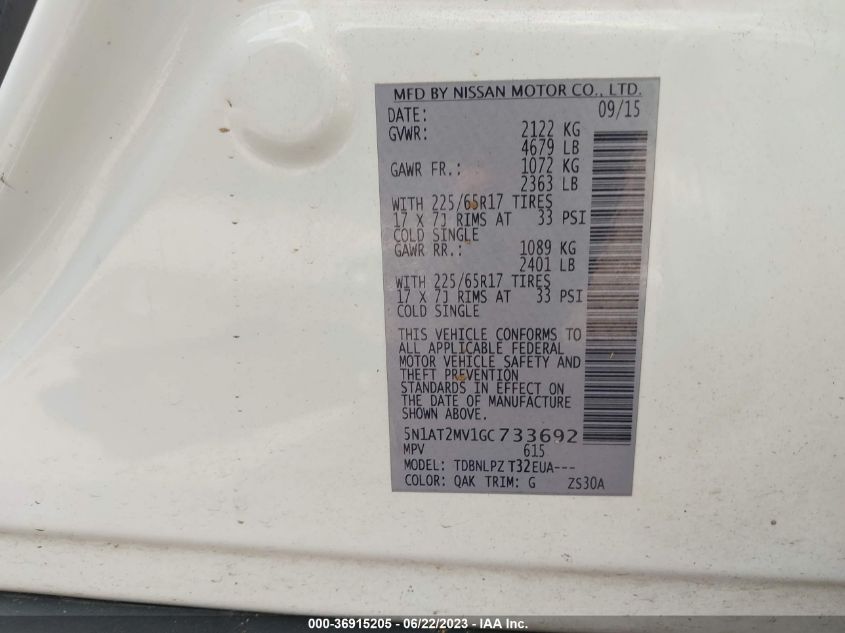 2016 NISSAN ROGUE SV/SL/S - 5N1AT2MV1GC733692