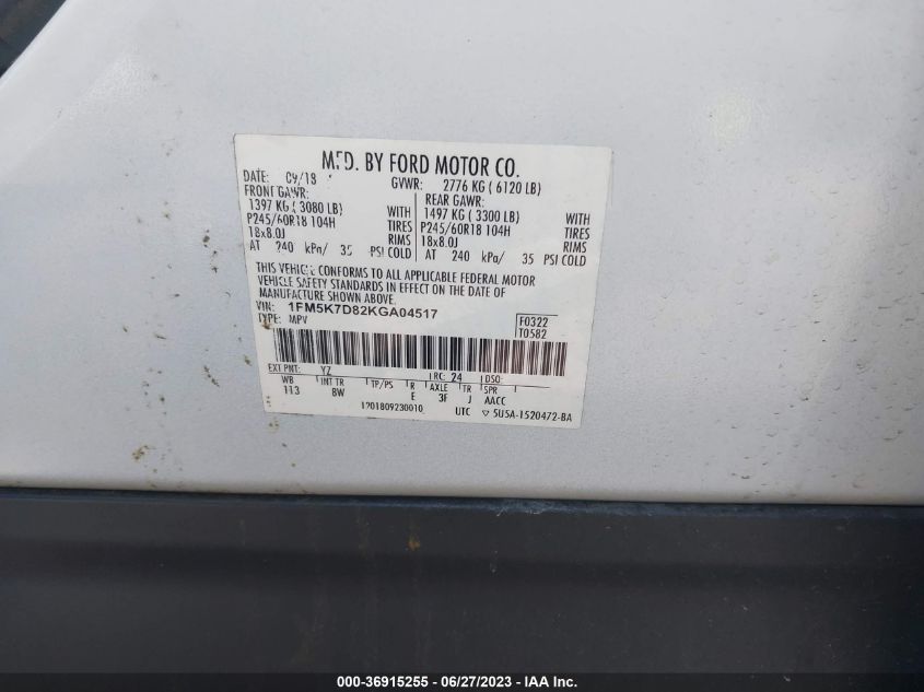 2019 FORD EXPLORER XLT - 1FM5K7D82KGA04517