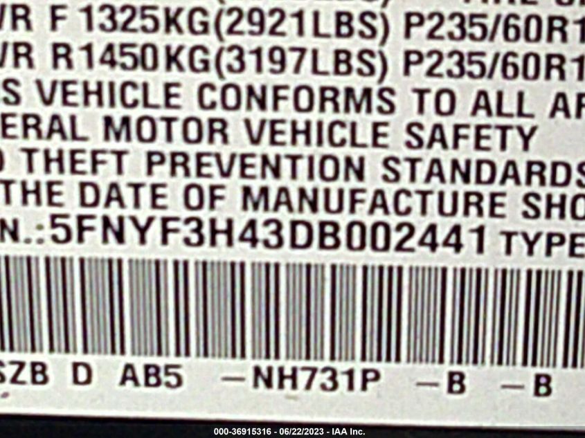 2013 HONDA PILOT EX - 5FNYF3H43DB002441
