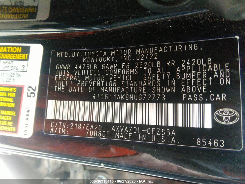 2022 TOYOTA CAMRY SE - 4T1G11AK8NU672773