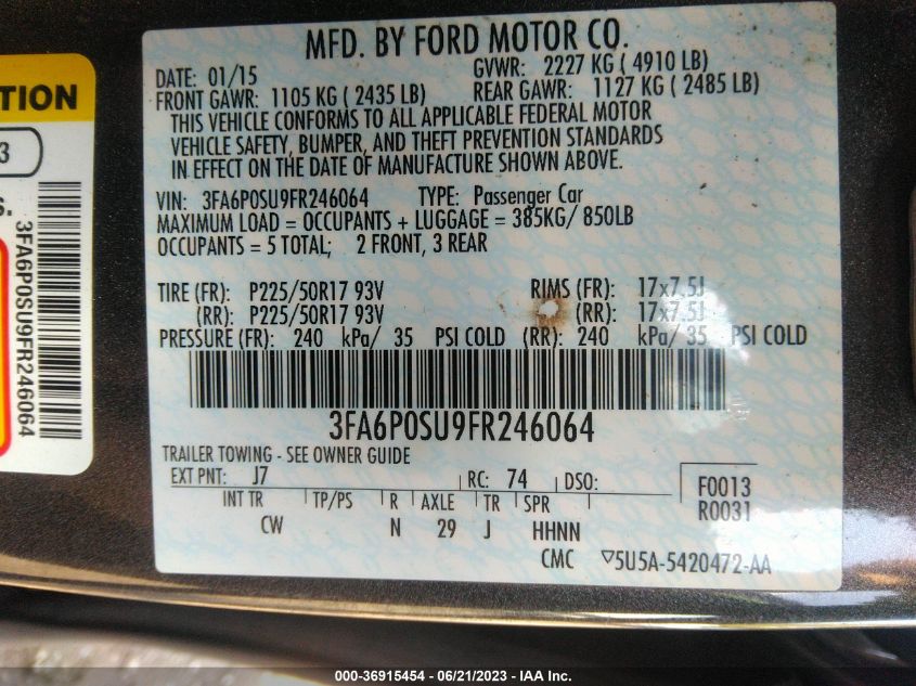 2015 FORD FUSION ENERGI TITANIUM - 3FA6P0SU9FR246064