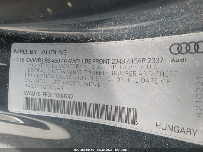 2017 AUDI A3 CABRIOLET PREMIUM WAU78LFF7H1030247