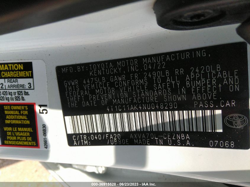 2022 TOYOTA CAMRY LE - 4T1C11AK4NU048290
