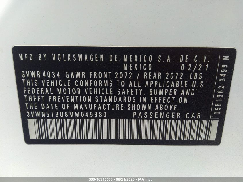 2021 VOLKSWAGEN JETTA S/R-LINE - 3VWN57BU8MM045980