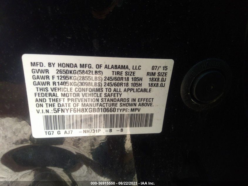 2016 HONDA PILOT EXL - 5FNYF6H8XGB010660