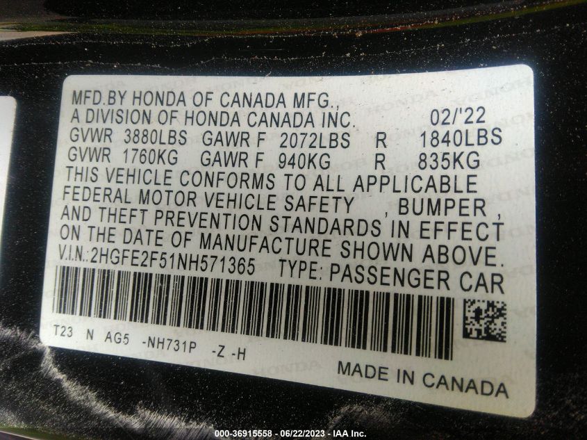 2022 HONDA CIVIC SEDAN SPORT - 2HGFE2F51NH571365