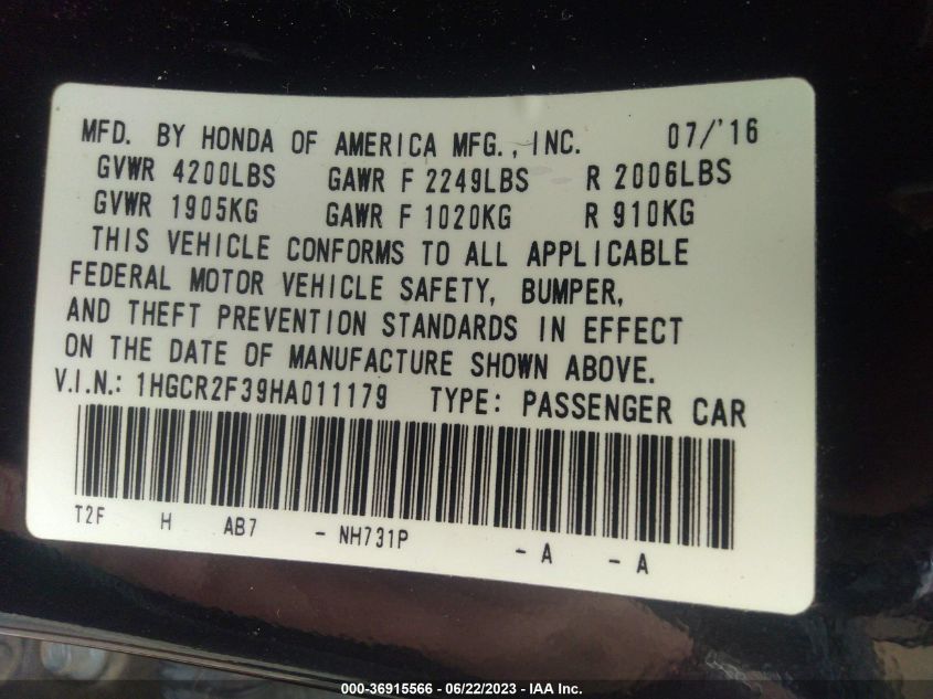 2017 HONDA ACCORD SEDAN LX - 1HGCR2F39HA011179