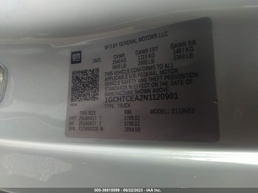 2022 CHEVROLET COLORADO 4WD LT - 1GCHTCEA2N1120901