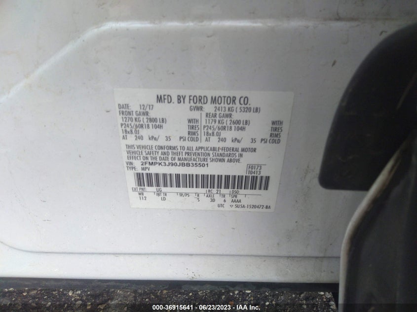 VIN 2FMPK3J90JBB35501 2018 FORD EDGE SEL