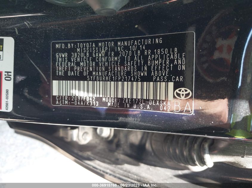 2015 TOYOTA COROLLA L/LE/S/S PLUS/LE PLUS - 5YFBURHE1FP217475