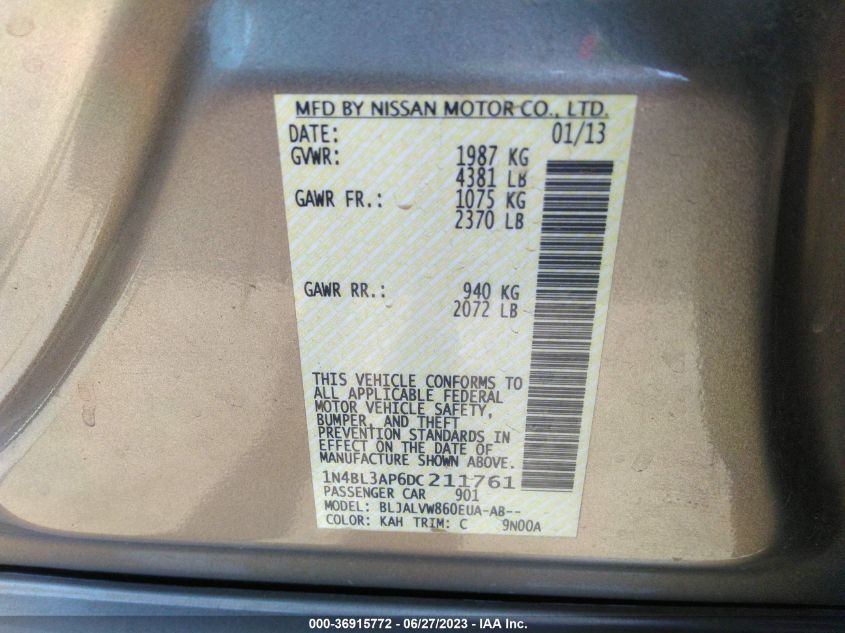2013 NISSAN ALTIMA 3.5S/3.5SV/3.5SL - 1N4BL3AP6DC211761