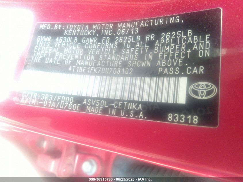 2013 TOYOTA CAMRY L/LE/SE/XLE - 4T1BF1FK7DU708102