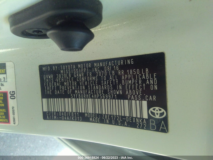 VIN 5YFBURHE4HP569971 2017 TOYOTA COROLLA L/LE/XLE/SE