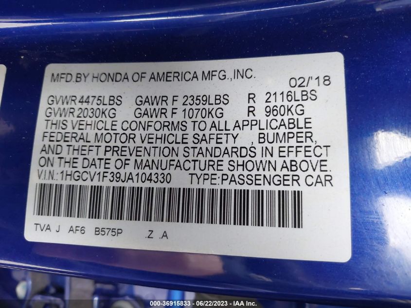 2018 HONDA ACCORD SEDAN SPORT 1.5T - 1HGCV1F39JA104330