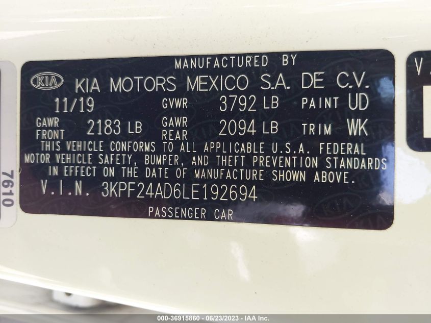 2020 KIA FORTE LXS - 3KPF24AD6LE192694