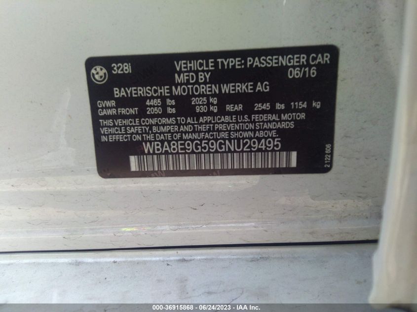 2016 BMW 3 SERIES 328I - WBA8E9G59GNU29495